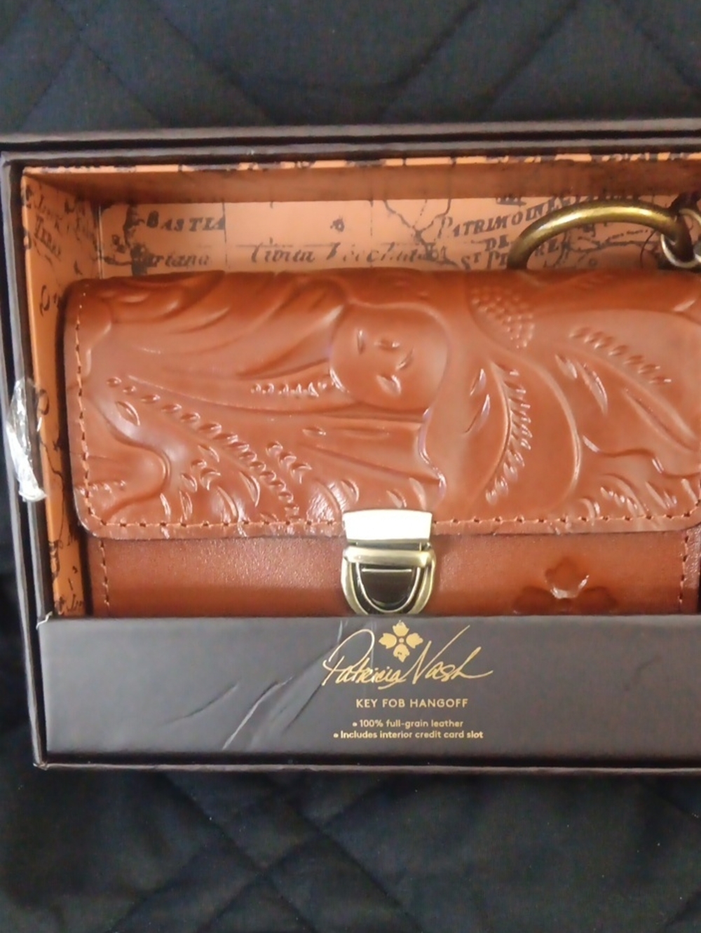 Patricia Nash Tan Floral Tooled Leather Key Fob Wallet with Brass Clasp